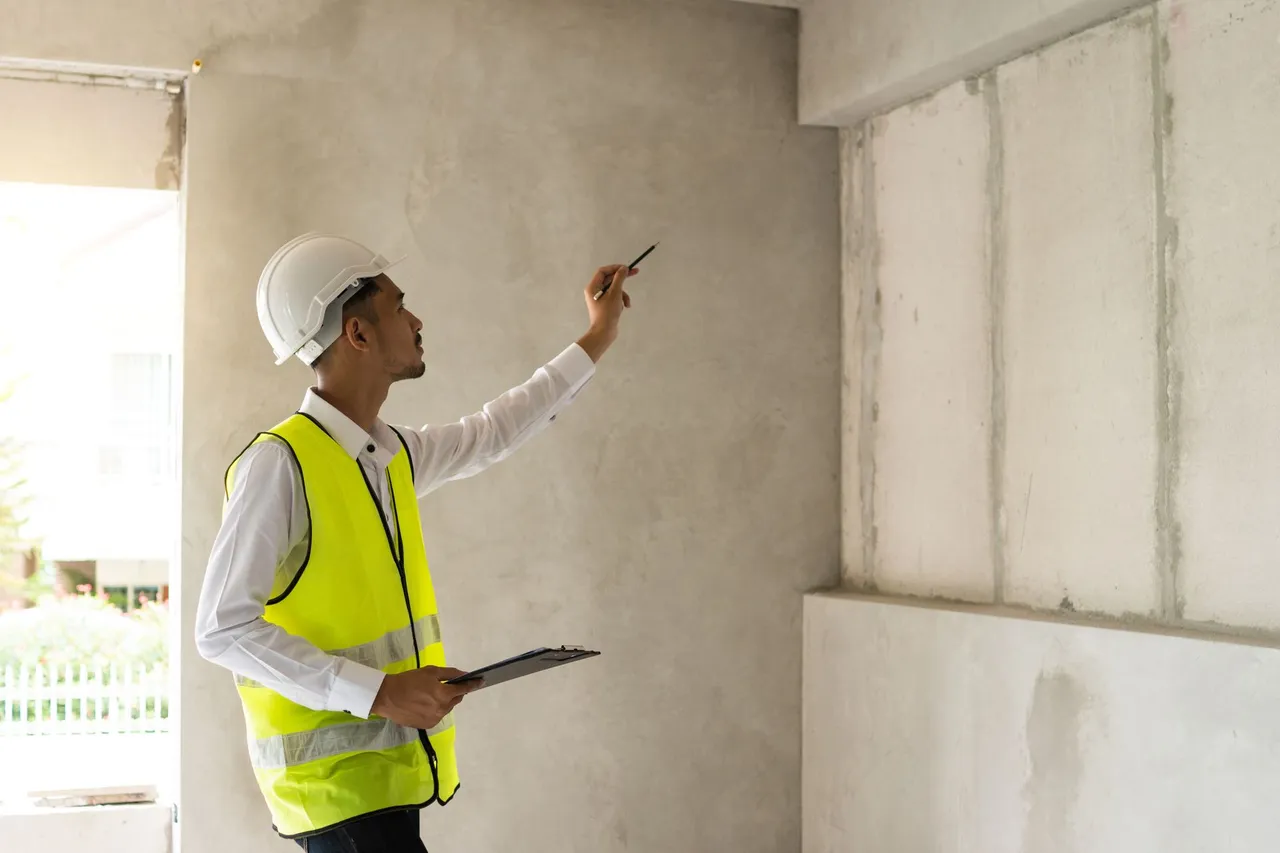 A construction worker is pointing at a wall while holding a clipboard.